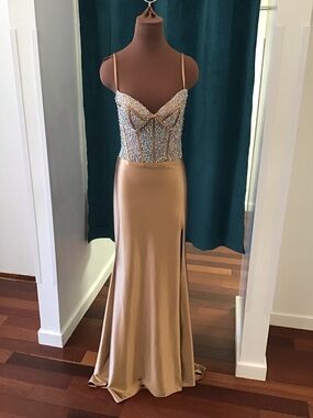 La Femme Embellished Bust Satin Slit Gown